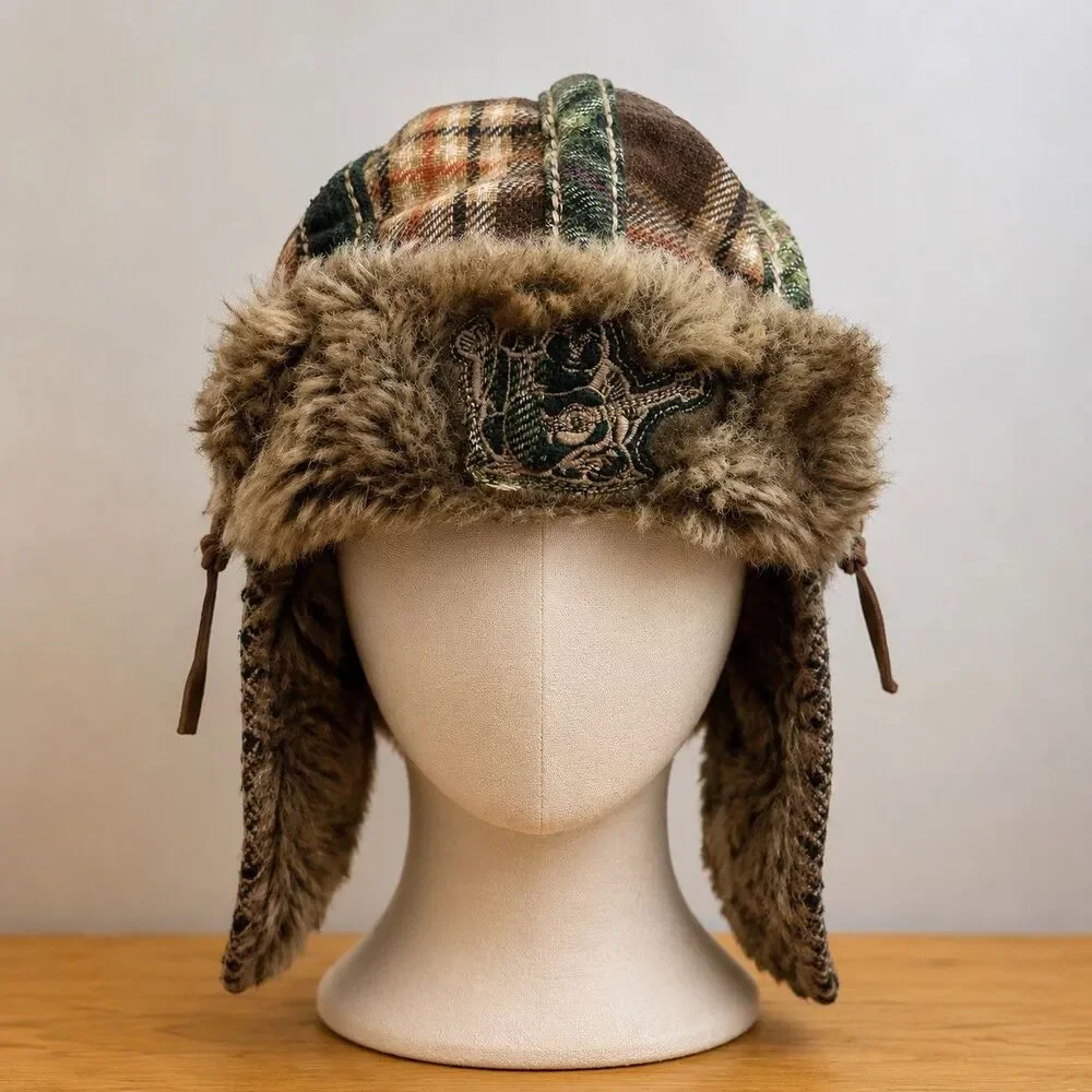 Vintage Y2K True Religion Patchwork Plaid Faux Fur Trapper Aviator Hat OS